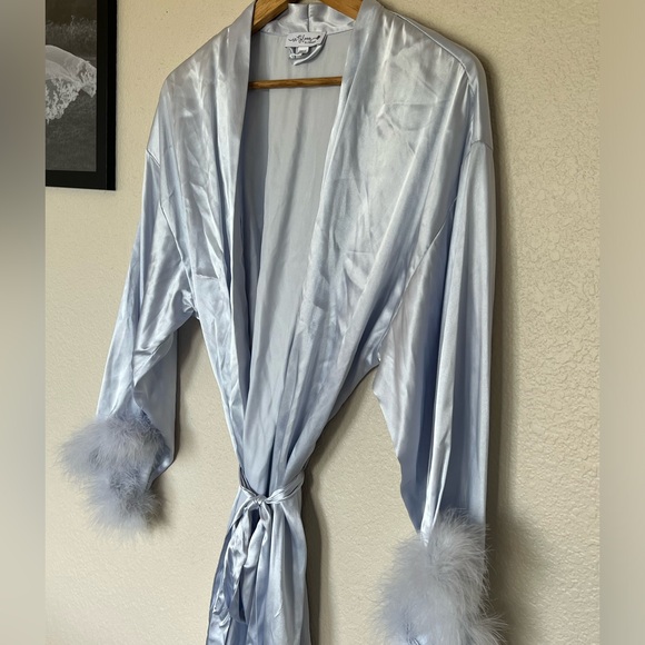 In Bloom by Jonquil | Light Blue Feather Trim Satin Robe - Picture 3 of 10
